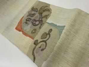 手織り紬横段に抽象鳥・花唐草模様織出し名古屋帯